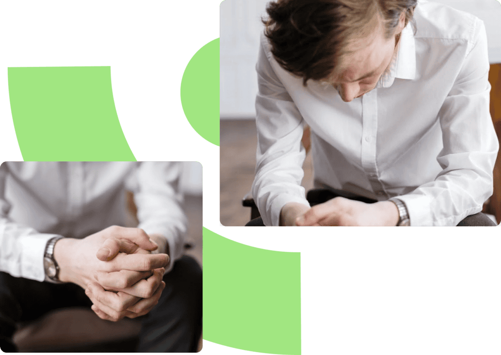 Picture of a man solemnly looking down at his hands and another picture of a closeup of his hands crossed