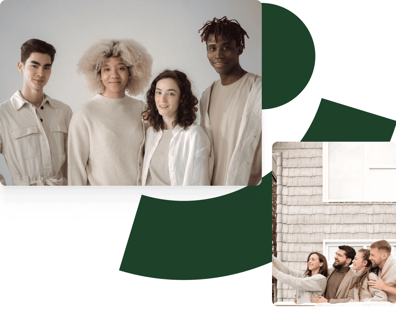 collage with a photo of group of 4 people dressed in neutral tones standing for a picture and another photo of a group of 4 people in front of some siding smiling