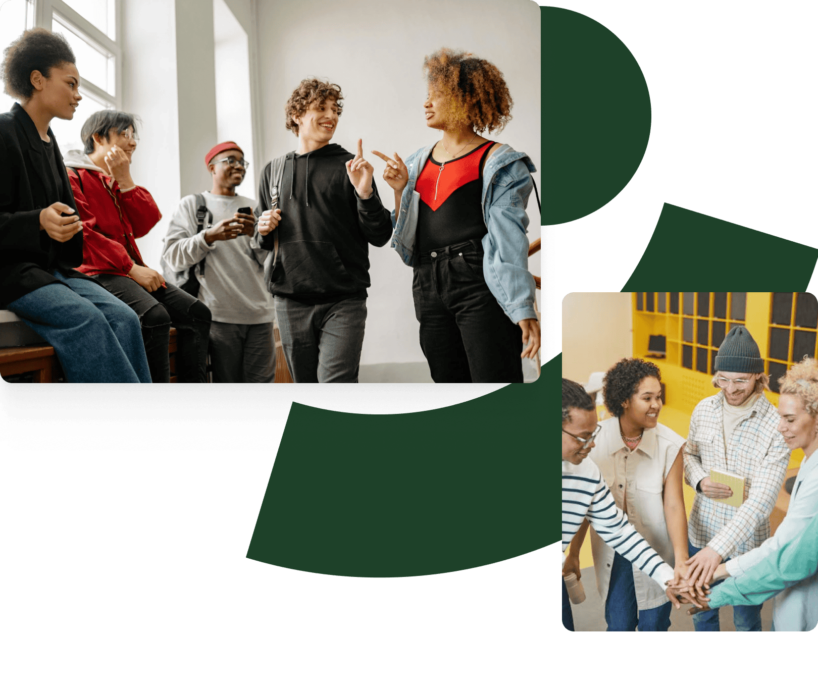 Group of young adults talking to one another, and another group of young adults in front of a yellow wall putting their hands together on top of one another and forming a circle