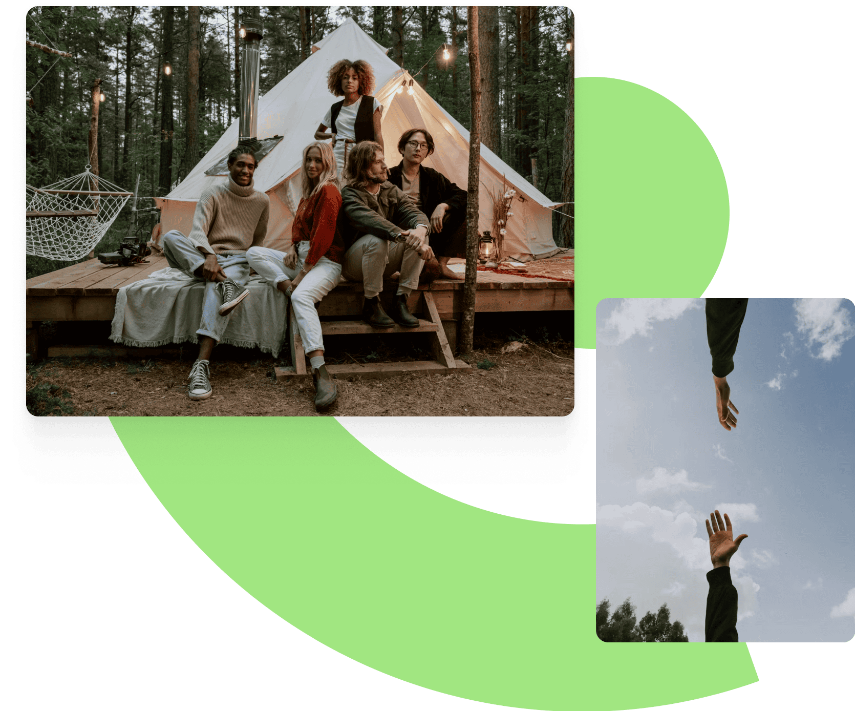 Collage with a picture of 4 people at a campsite in front of a tent and 2 arms reaching to touch each other