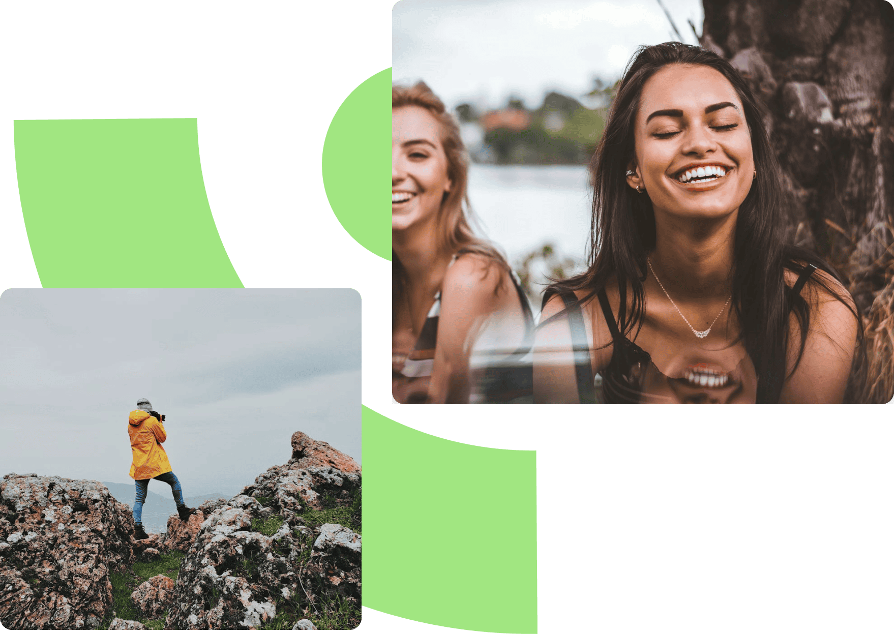 Collage with a picture 2 girls smiling and a picture of a person on a mountain taking a photo of the horizon