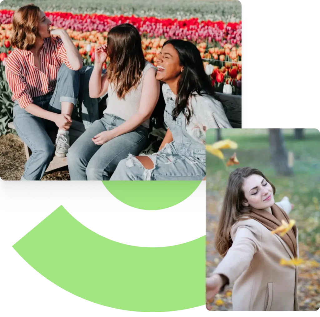 a collage of two photos. one is a picture of three ladies sitting on a bench with flower fields on the background. the other is a lady with her arms raised and eyes closed with leaves falling all over