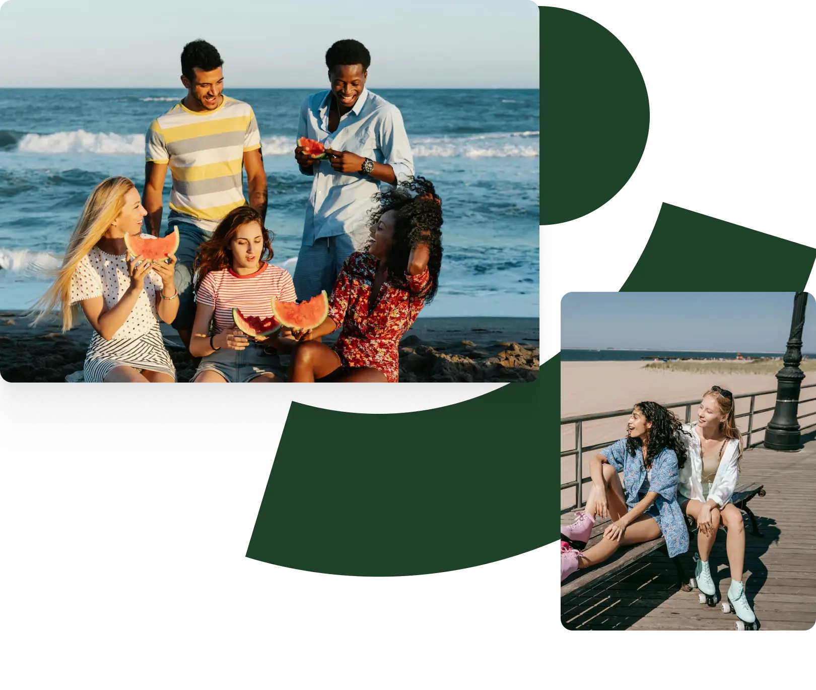 a collage of two images. one is a group of two men and three females enjoying watermelon on the beach with the waves as the background. other one is two ladies sitting on a bench in the beach with skate shoes.