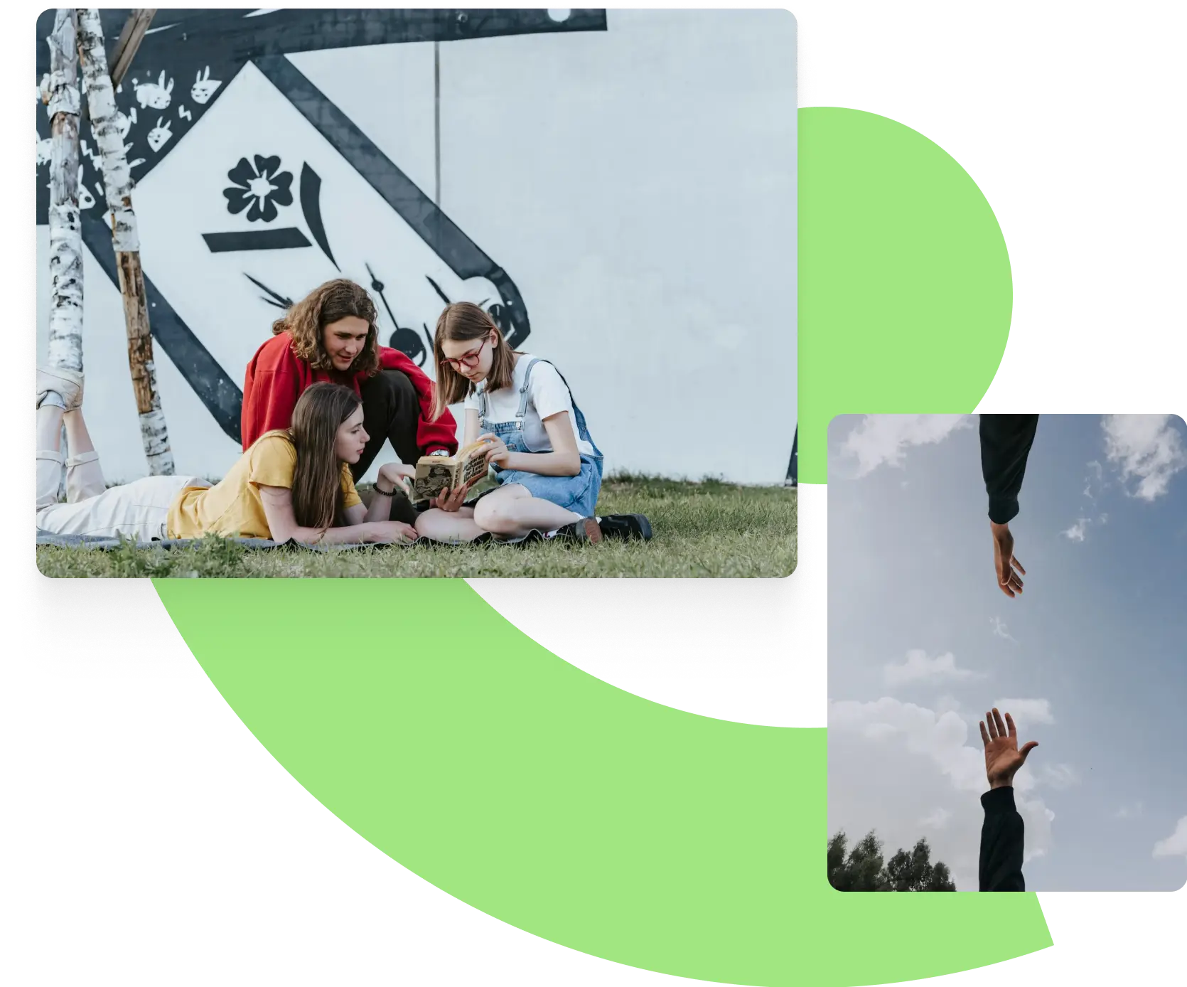 a collage of two images. one is three friends on a picnic blanket in the grass sharing a book. the other one is two hands reaching each other with the clouds in the background