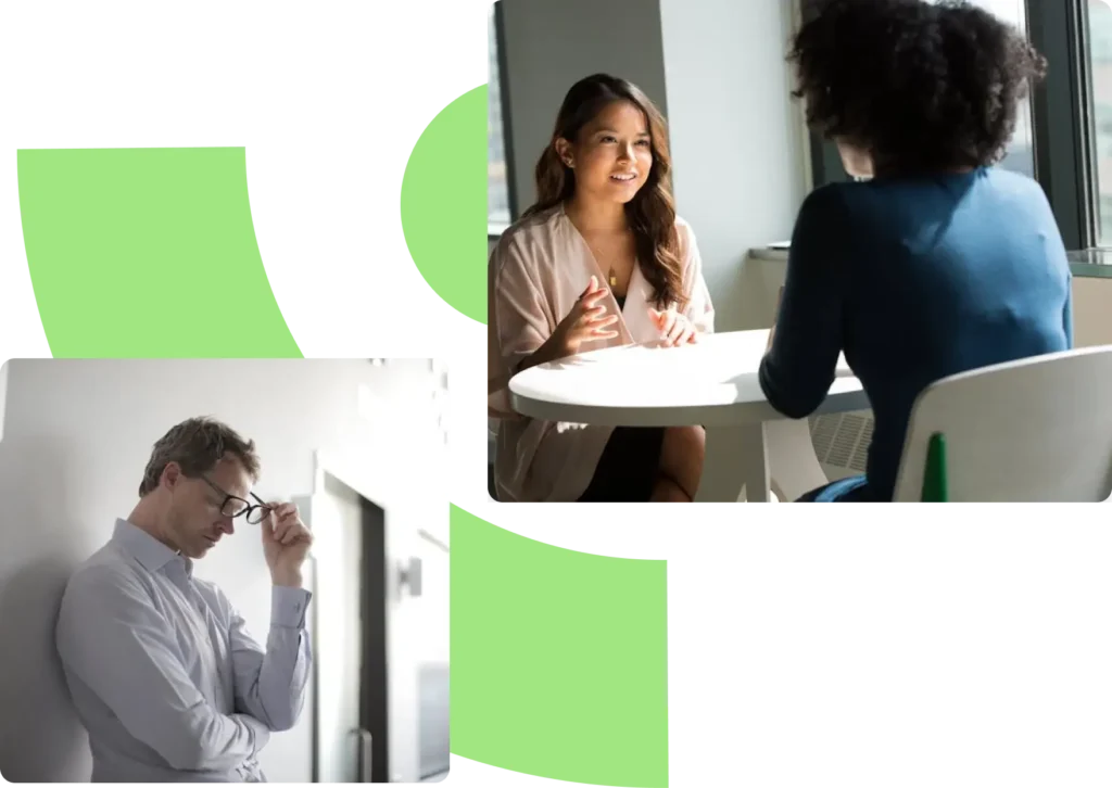 a collage of two images. first image is two ladies talking to each other. second image is a man with his one hand around his tummy and another hand on his glasses.