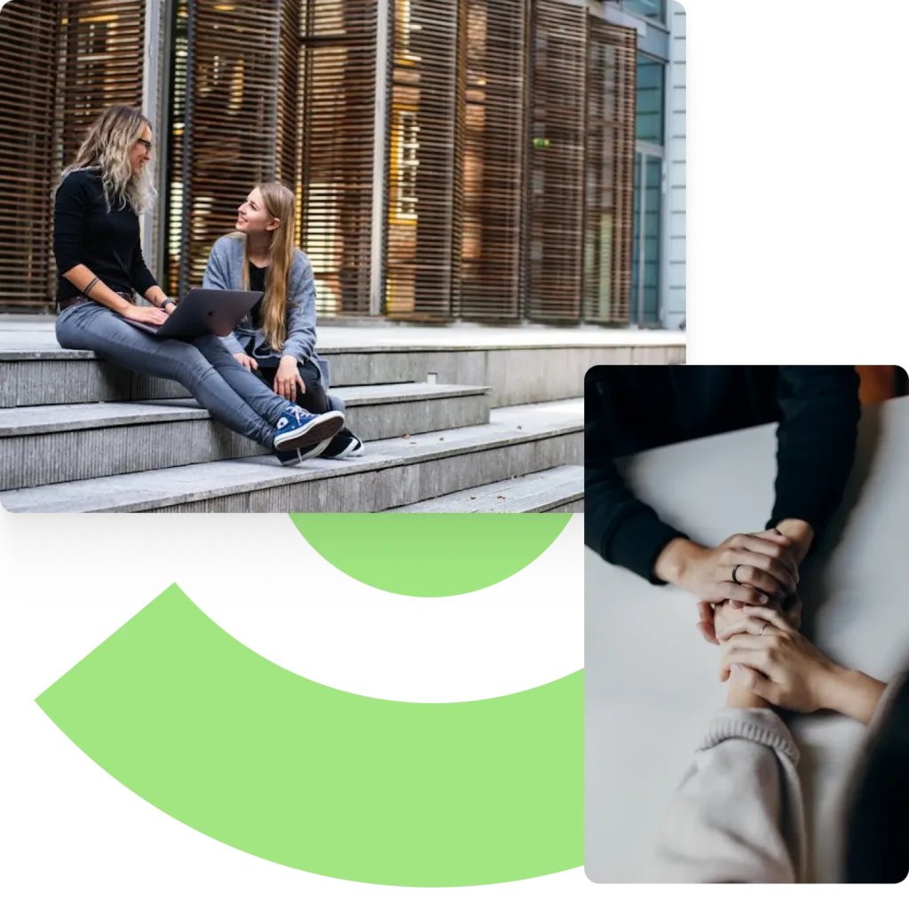 a collage of two images. first is two ladies talking to each other sitting on stairs. second is two persons holding hands