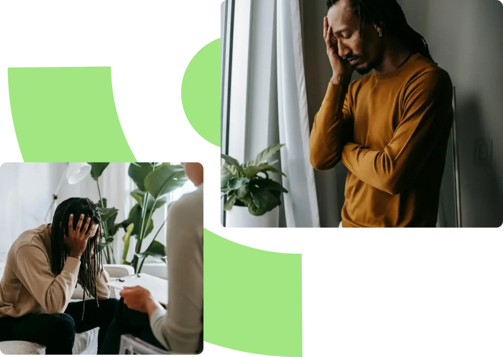 a collage of two pictures. first is a man standing holding his face. second is a man sitting in front of his therapist with his both hands on his face.