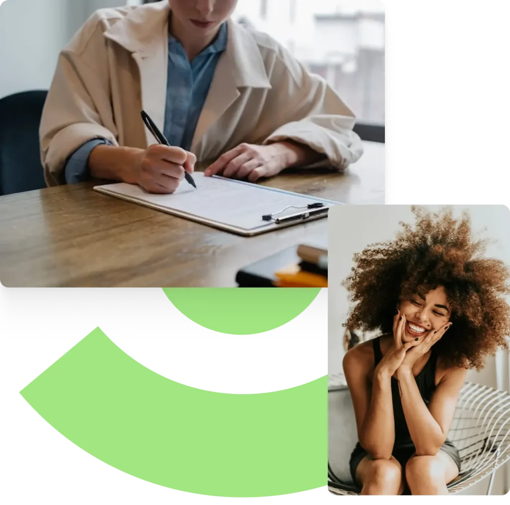 a collage of two pictures. first is a lady writing something. the second is a lady smiling