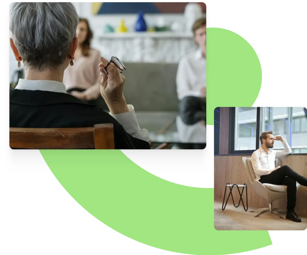 a collage of two images. one is a therapist talking to her clients while holding her glasses and the other one is a man sitting on a chair with his hand on his forehead.