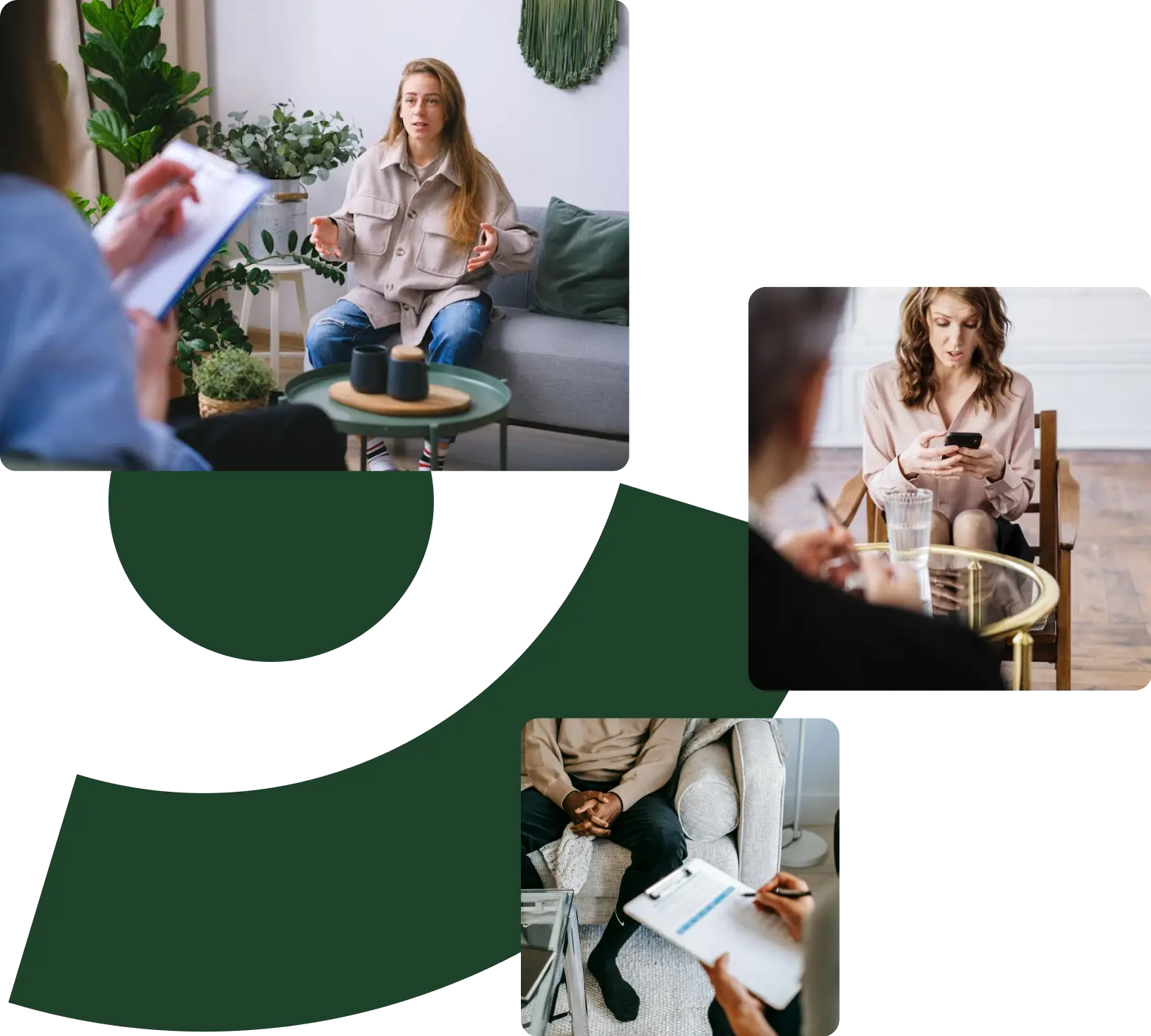 a collage of three pictures. first is a client sitting in front of a therapist talking. second is a lady on her phone while talking to a therapist. third is a therapist writing notes in front of a client.