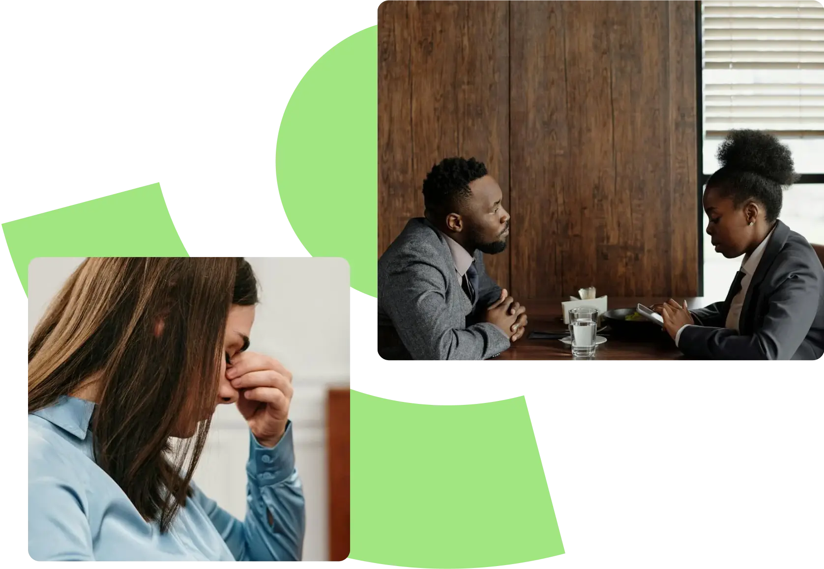 a collage of two pictures. first is a man sitting in front of a lady on her phone. second is a lady with her hand on in between her eyes.