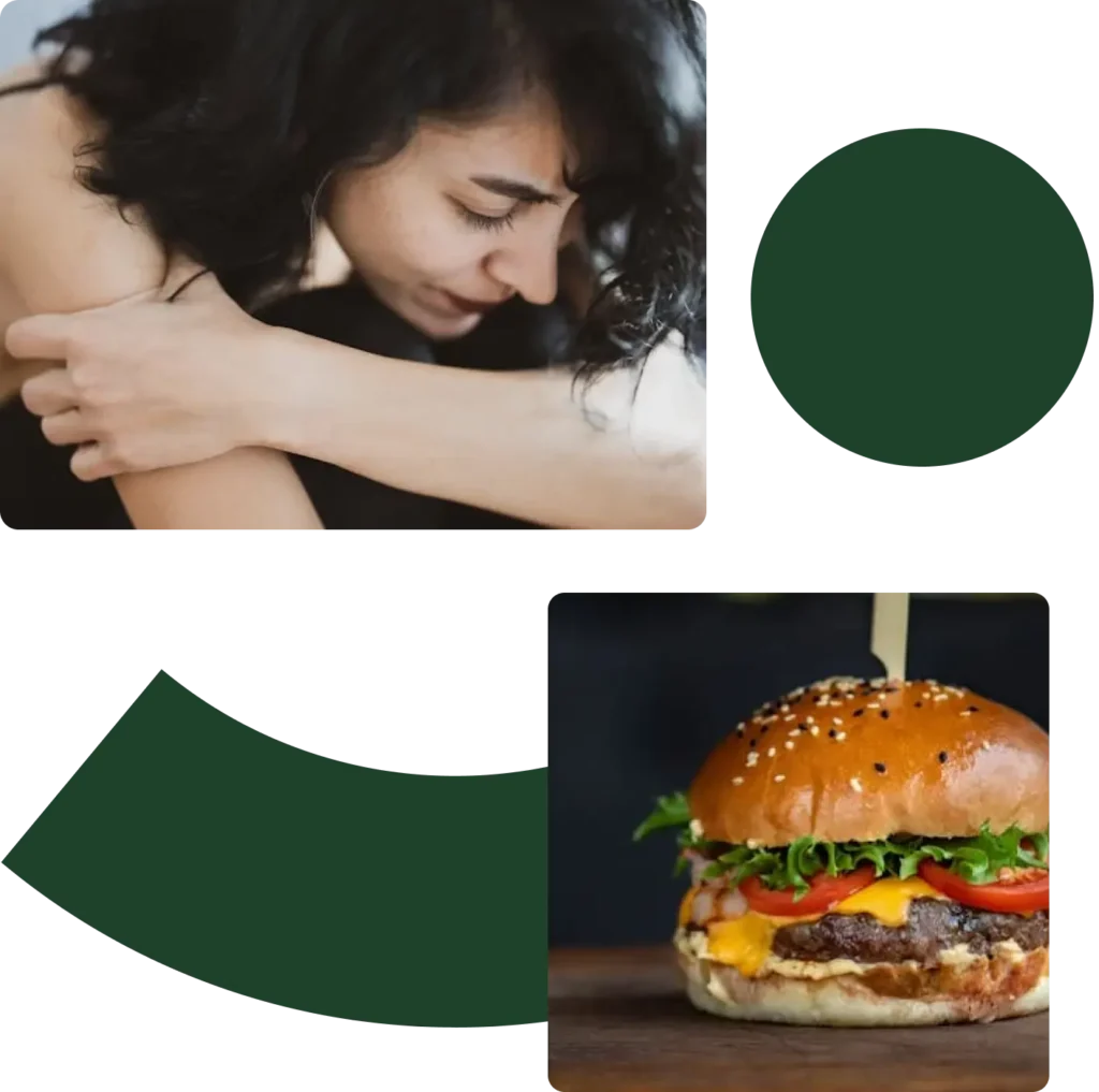 a collage of two pictures. first is a lady holding her arms. second is a hamburger