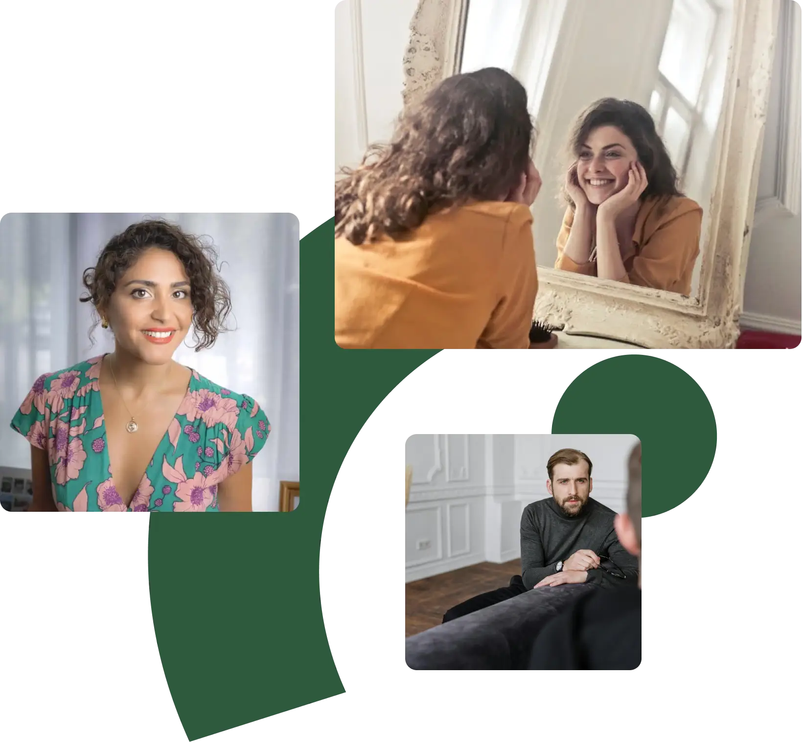 a collage of three pictures. first is a lady smiling in front of a mirror. second is our founder Natalie Buchwald. third is a man listening closely to his therapist