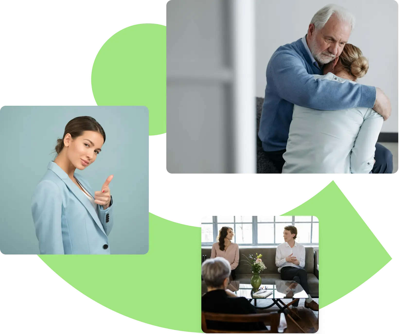 A collage of three pictures. first is an old man hugging a woman. second is a lady with light blue jacket looking at the camera with her hand pointed like a gun. third is a couple on therapy session