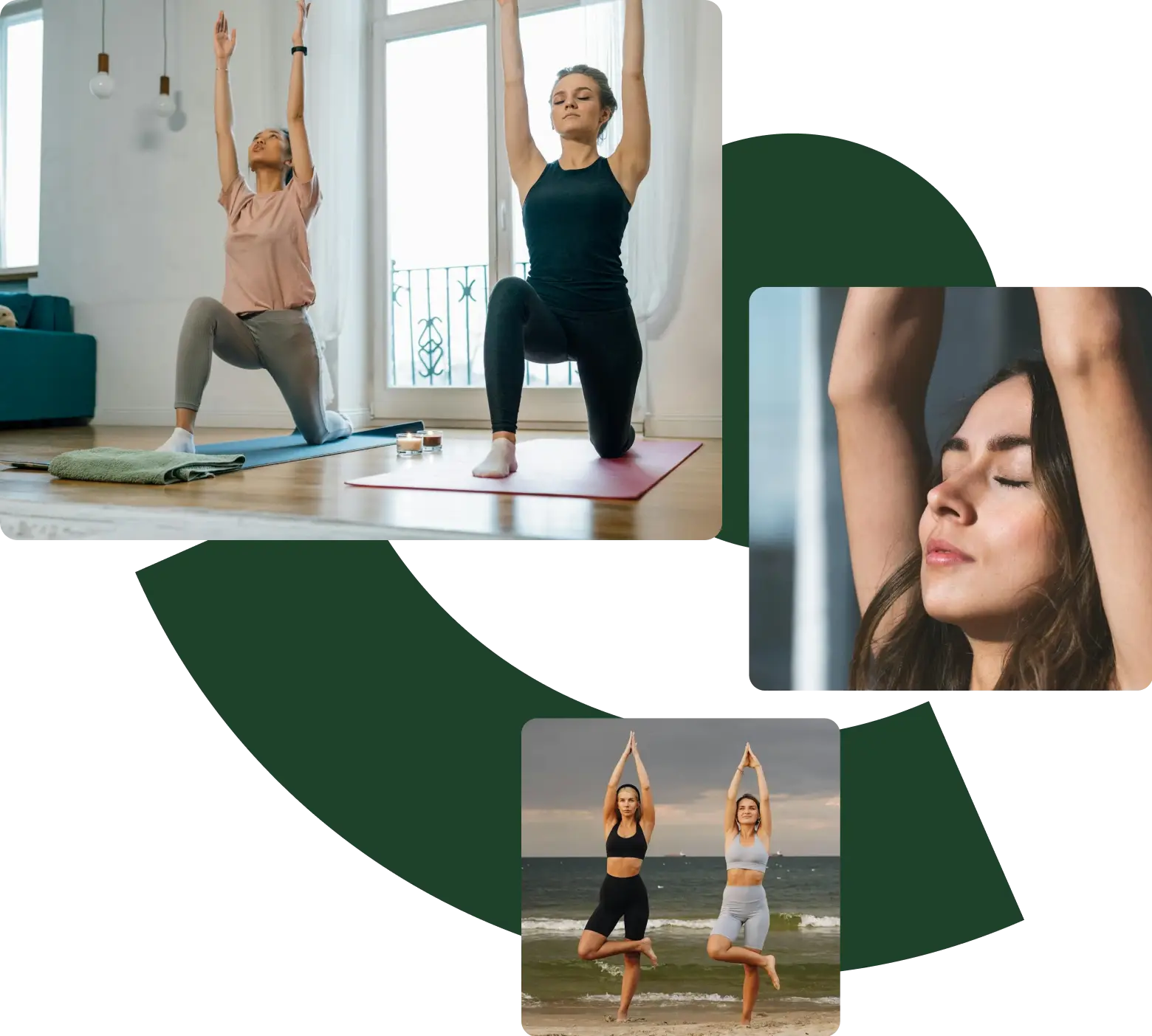 a collage of three images with ladies doing different yoga poses