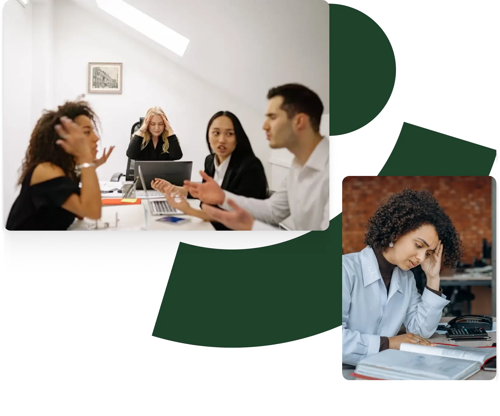 a collage of two pictures. first is a group of colleagues arguing and a woman in the middle holding her head with both hands. second is a lady reading something and looking stressed.