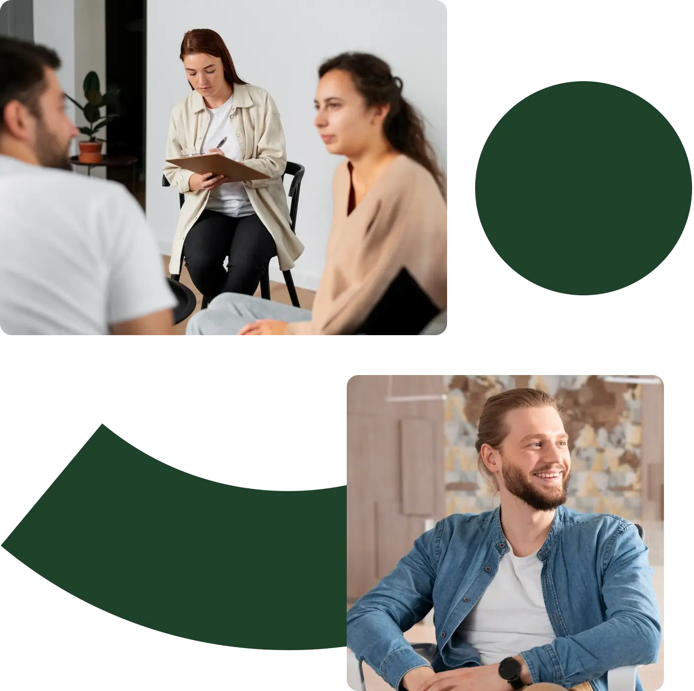 a collage of two pictures. first is a therapist writing something on a paper while listening to clients talking. second is a man wearing a denim jacket smiling.