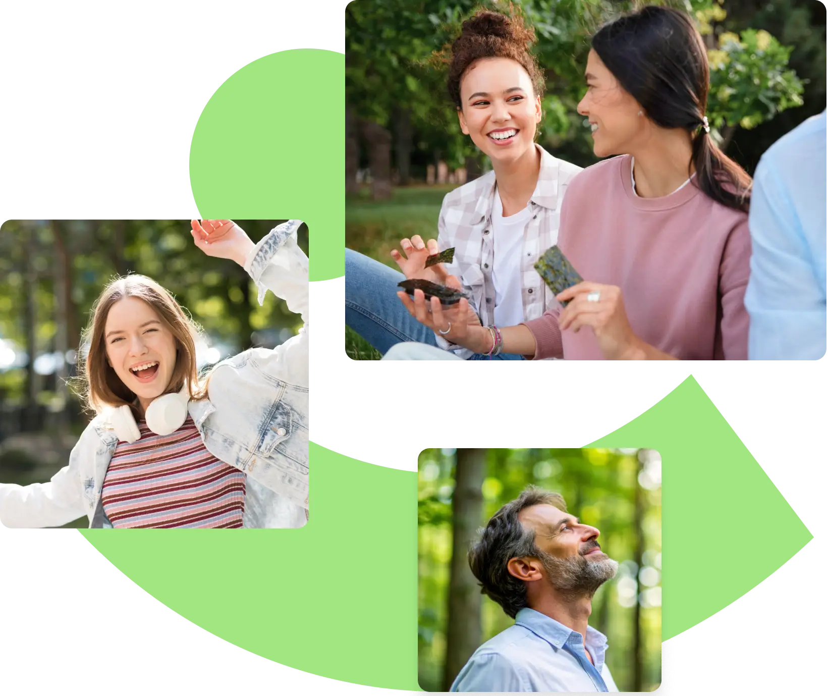 a collage of three pictures. first is two ladies eating seaweed. second is a lady with a denim jacket smiling. third is a man with a beard smiling.