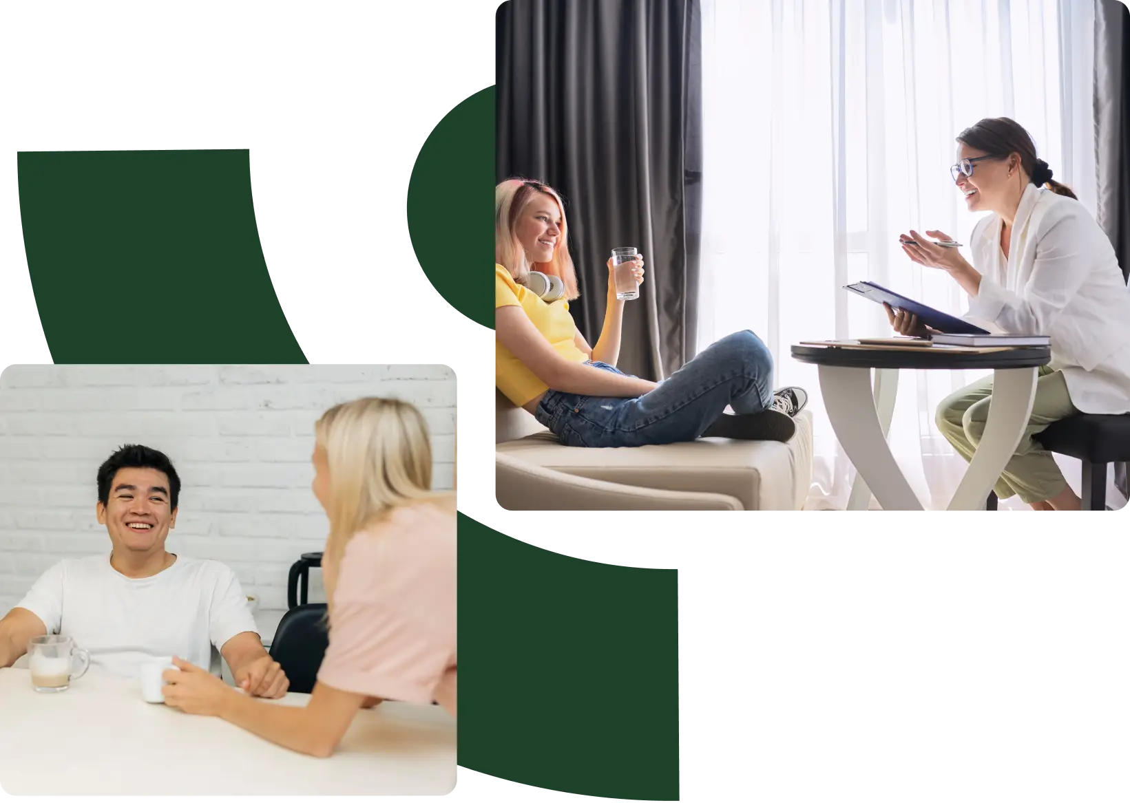 a collage of two pictures. first is a lady sitting in a couch holding a glass of water talking to her therapist. second is a man and a woman talking.