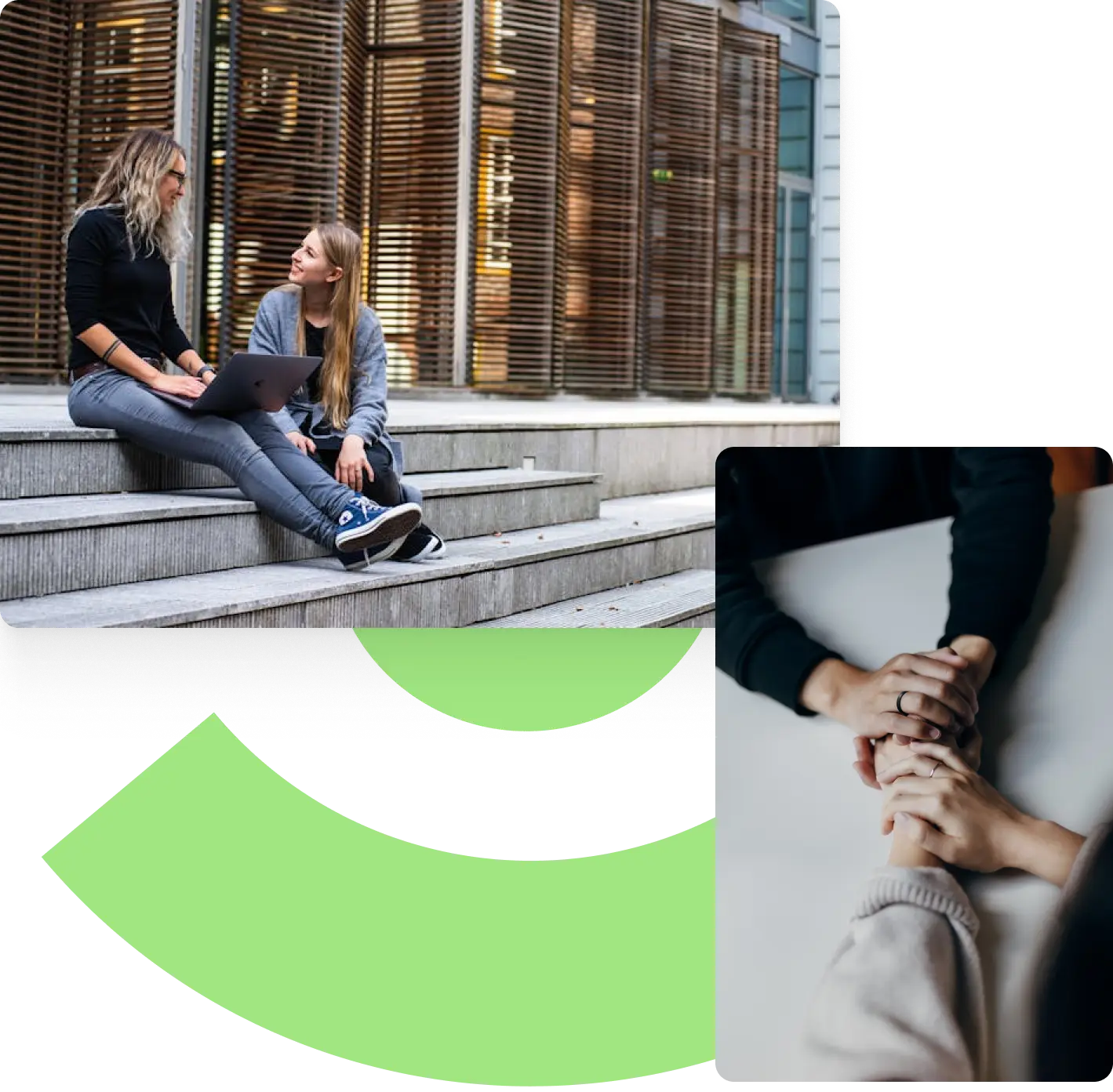 collage of two pictures. first is two ladies sitting on a staircase with a laptop on her lap. second is two sets of hands holding each other