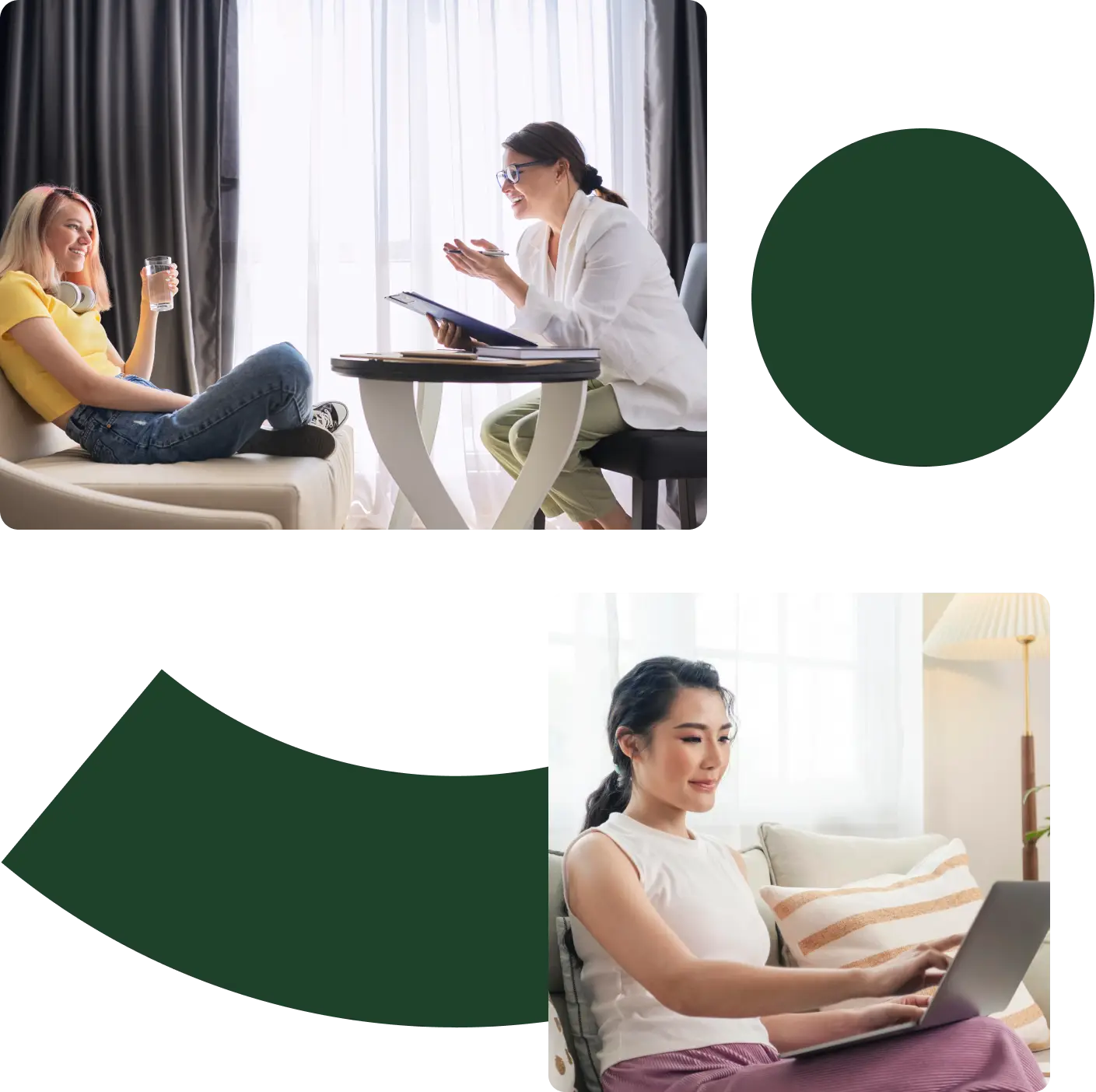 a collage of two pictures. first is a lady holding a glass of water talking to a therapist in front of her. second is a lady working on her laptop