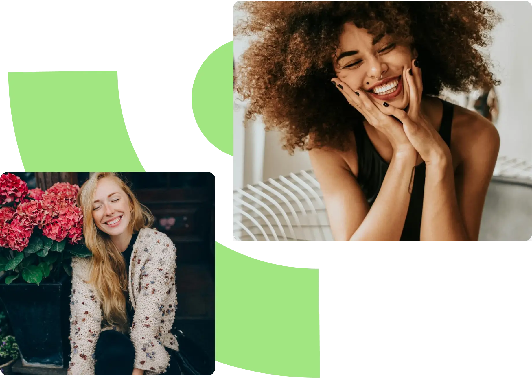 a collage of two pictures. first is a lady smiling with both her hands on her cheek. second is a lady smiling beside red flowers