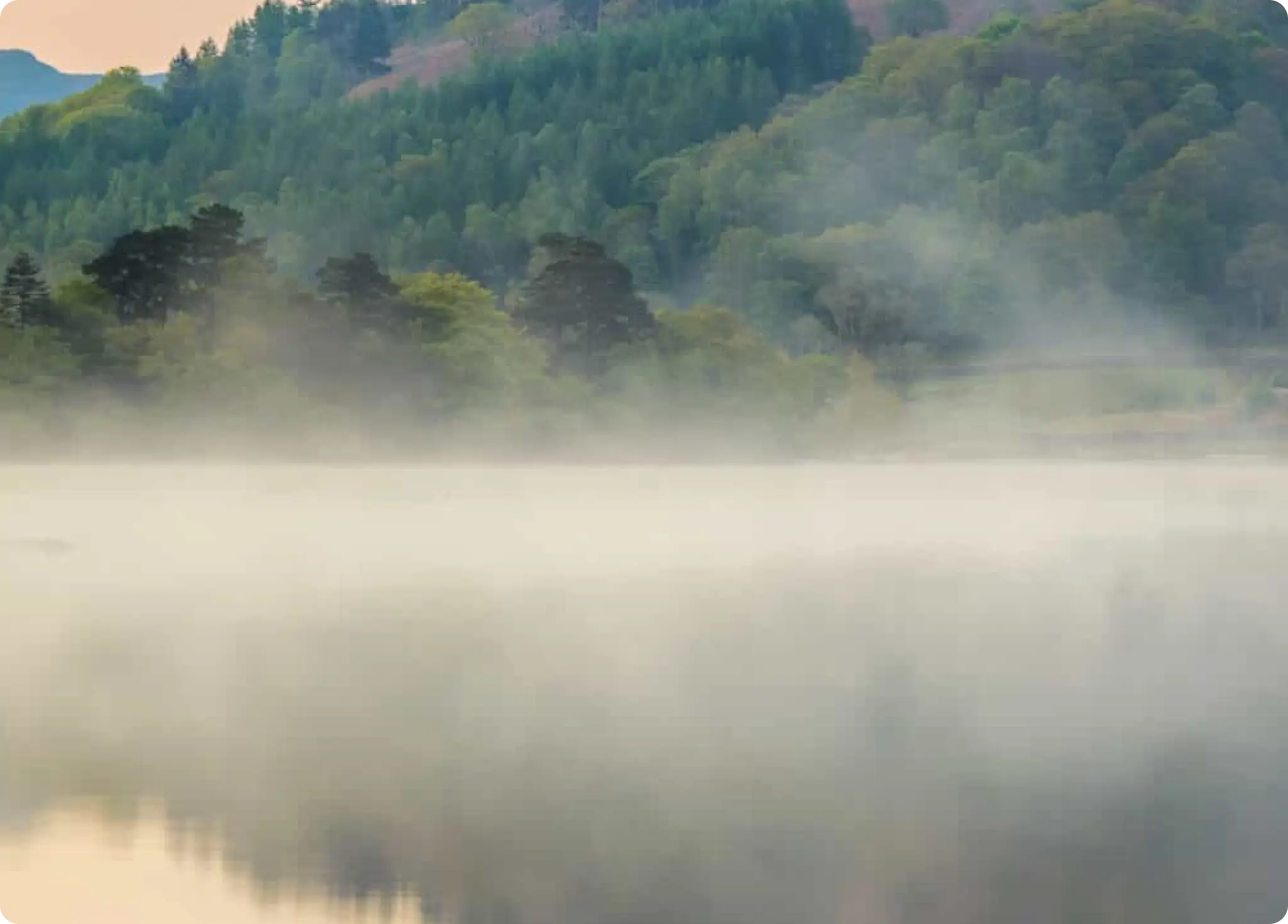 a picture of a mist filled lake with the mountains in the background