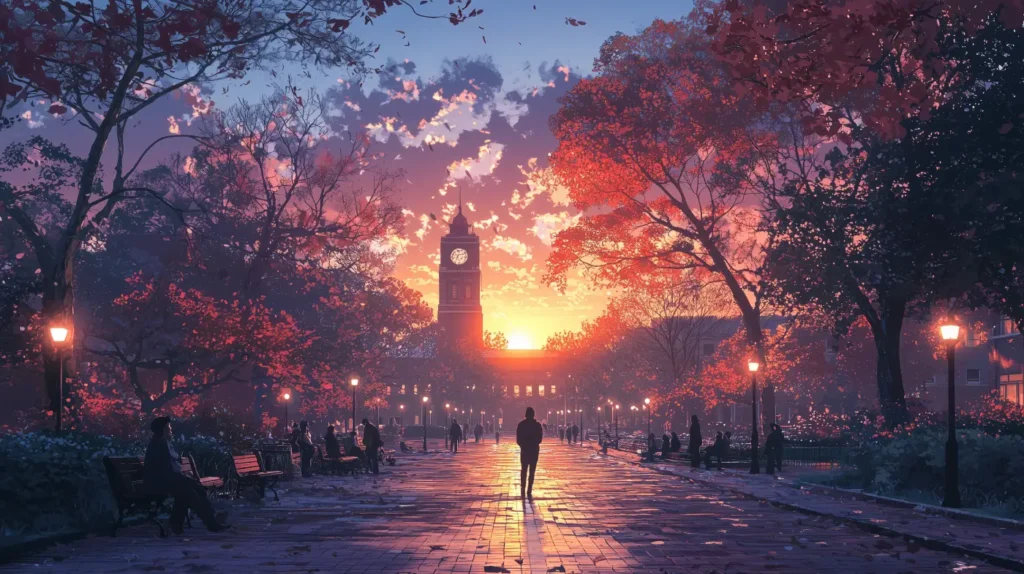 a picture of a park with people walking and sitting in a bench at sunset