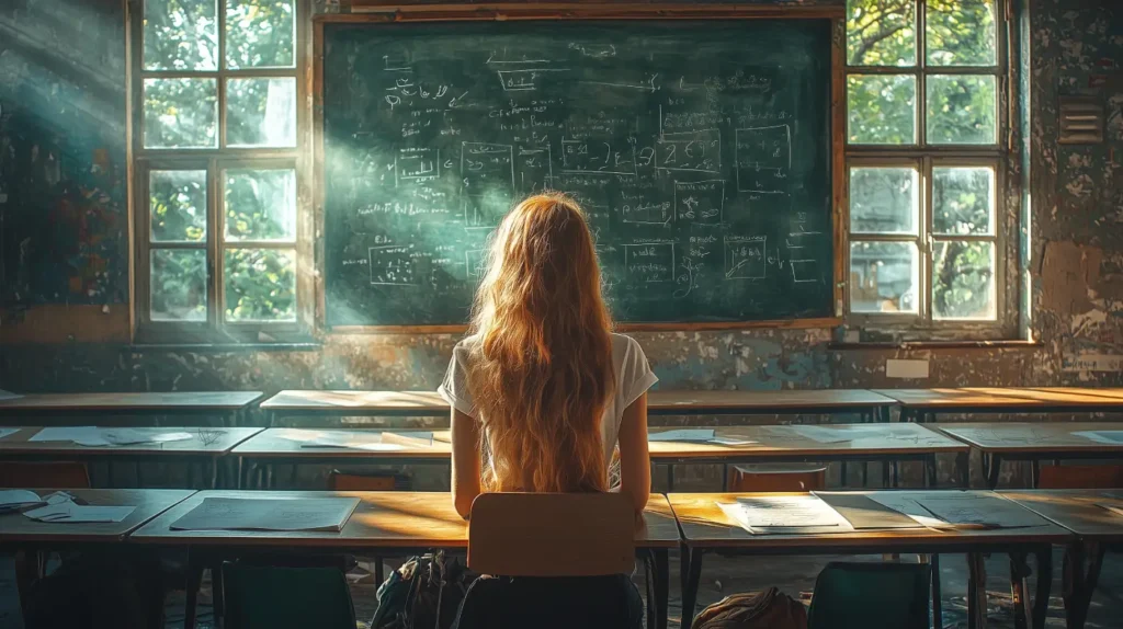 a woman sitting in an empty classroom looking at a chalk board