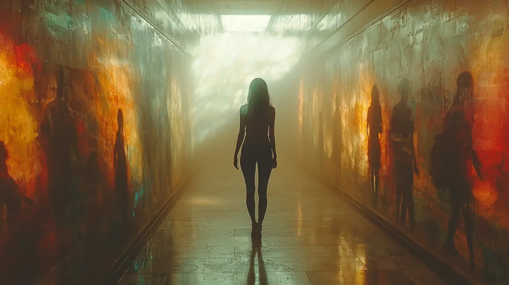 a silhouette of a woman walking in a corridor with paintings on the wall