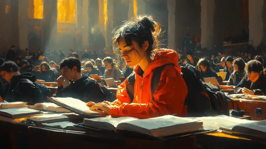 a young woman with orange jacket sitting in classroom with other students