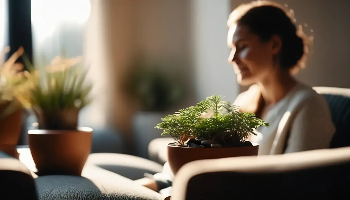 a picture of a plant with a lady siting on a couch for background