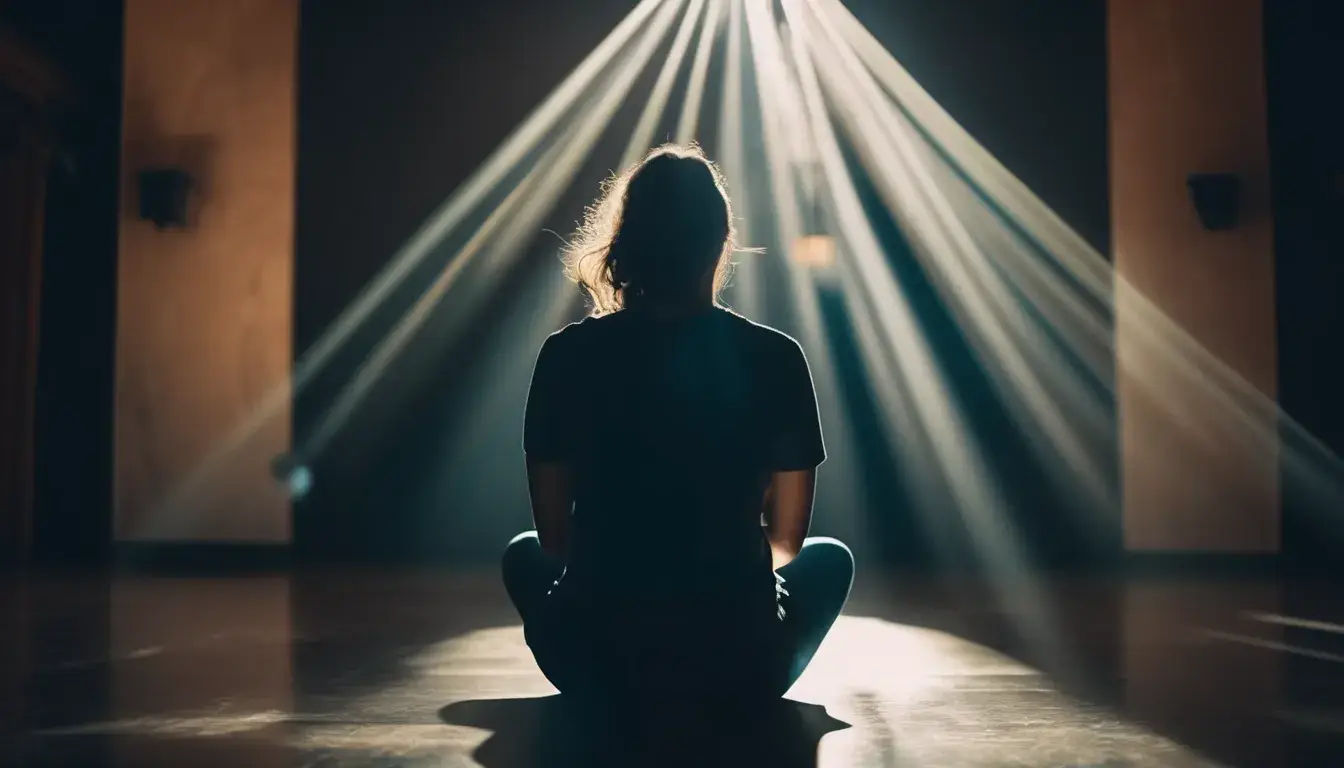 lady sitting in the ground with rays of light hitting her