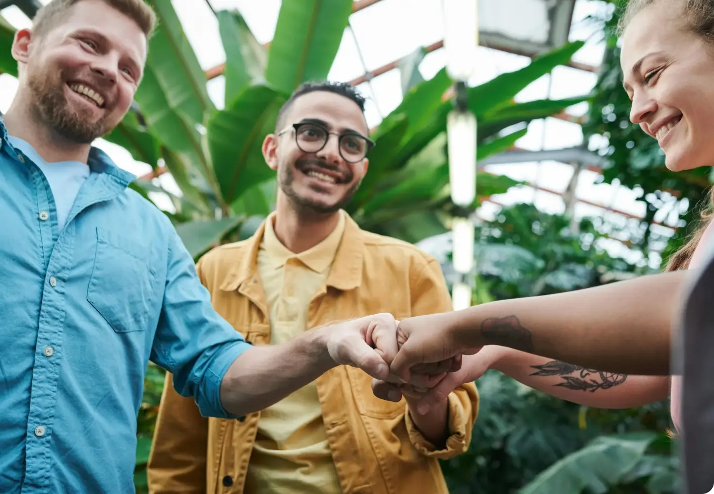 3 men with their hands together doing a fist bump inside of an indoor botanical garden