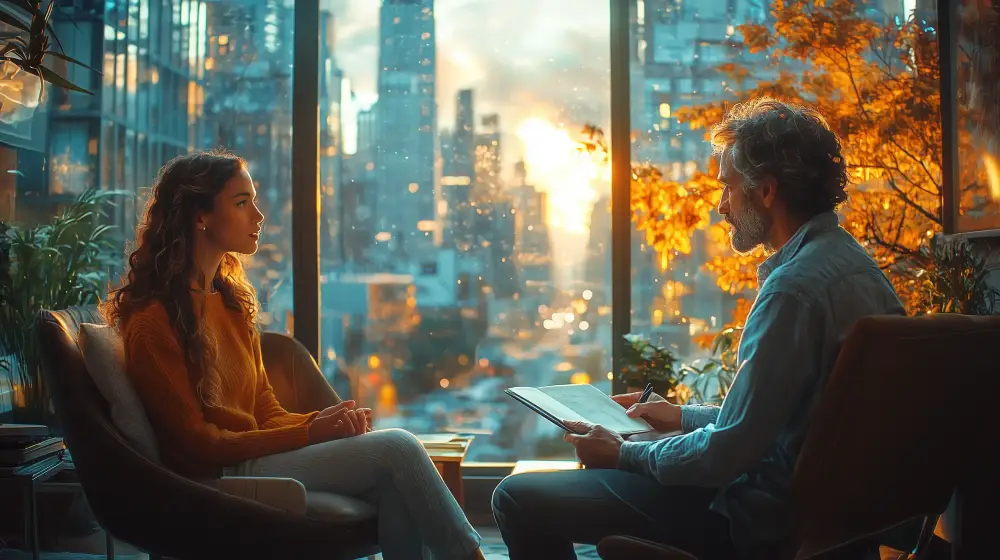 Older woman talking to 2 adults (a man and a woman) during a therapy session