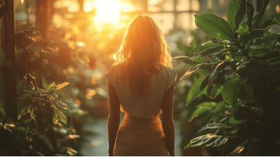 Person standing in a sunny garden