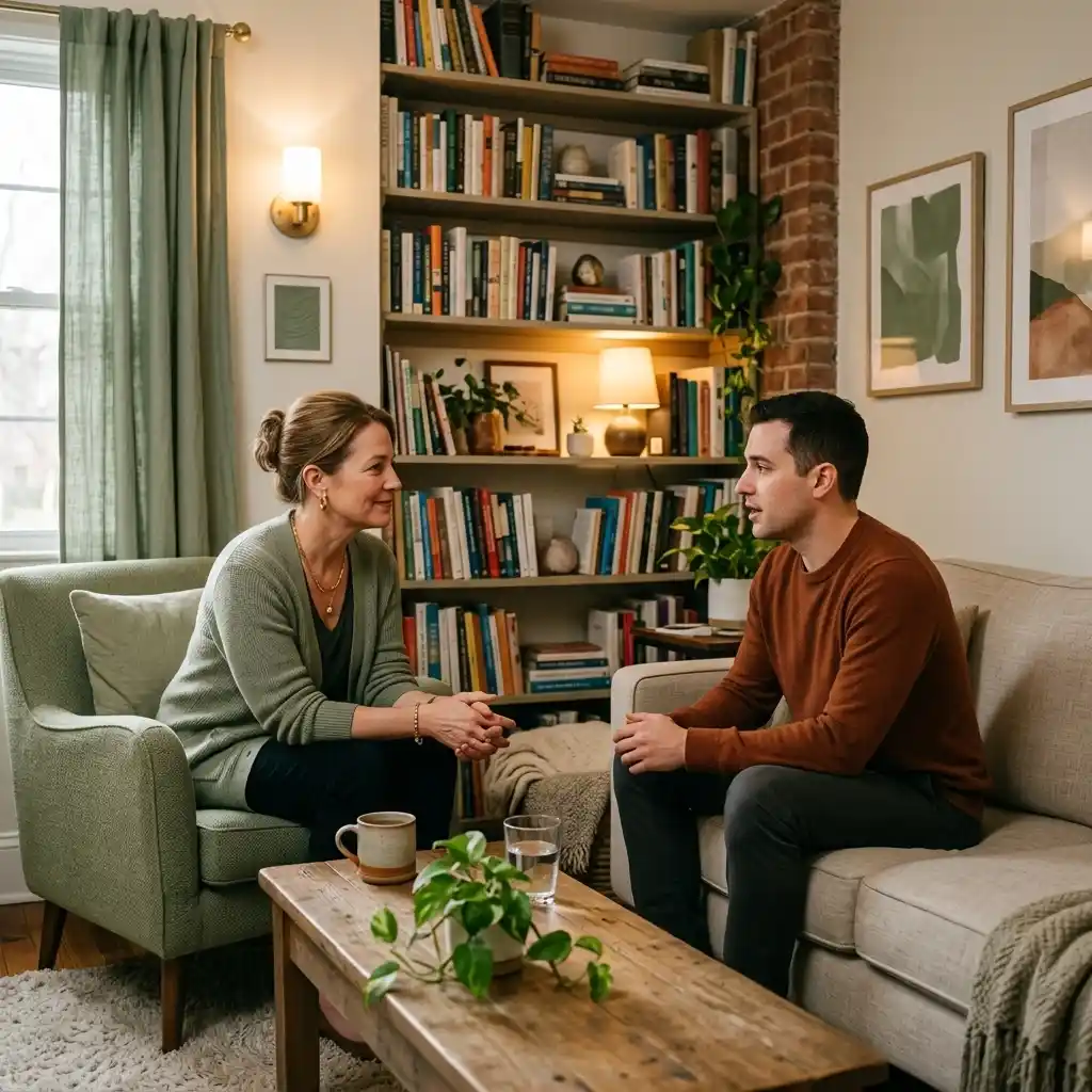 Woman starting an online MVP-covered therapy session from her sofa in New York