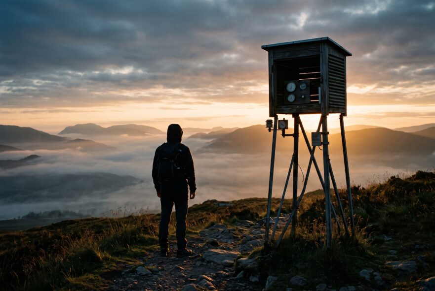 Silhouette of a lone figure standing near an old weather station at dawn, backlit by morning mist
