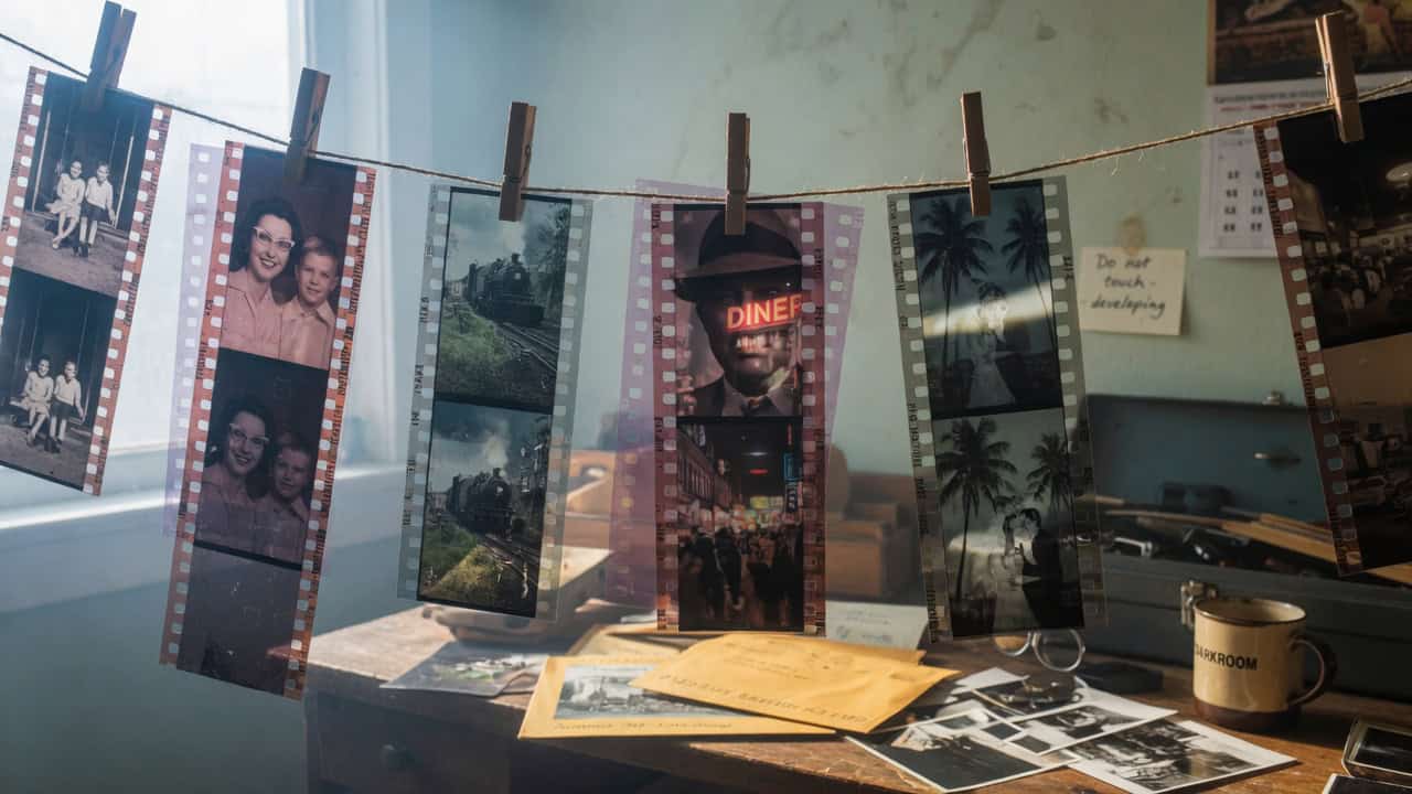 Film negatives hanging above a desk, illustrating how memories can be revisited and updated
