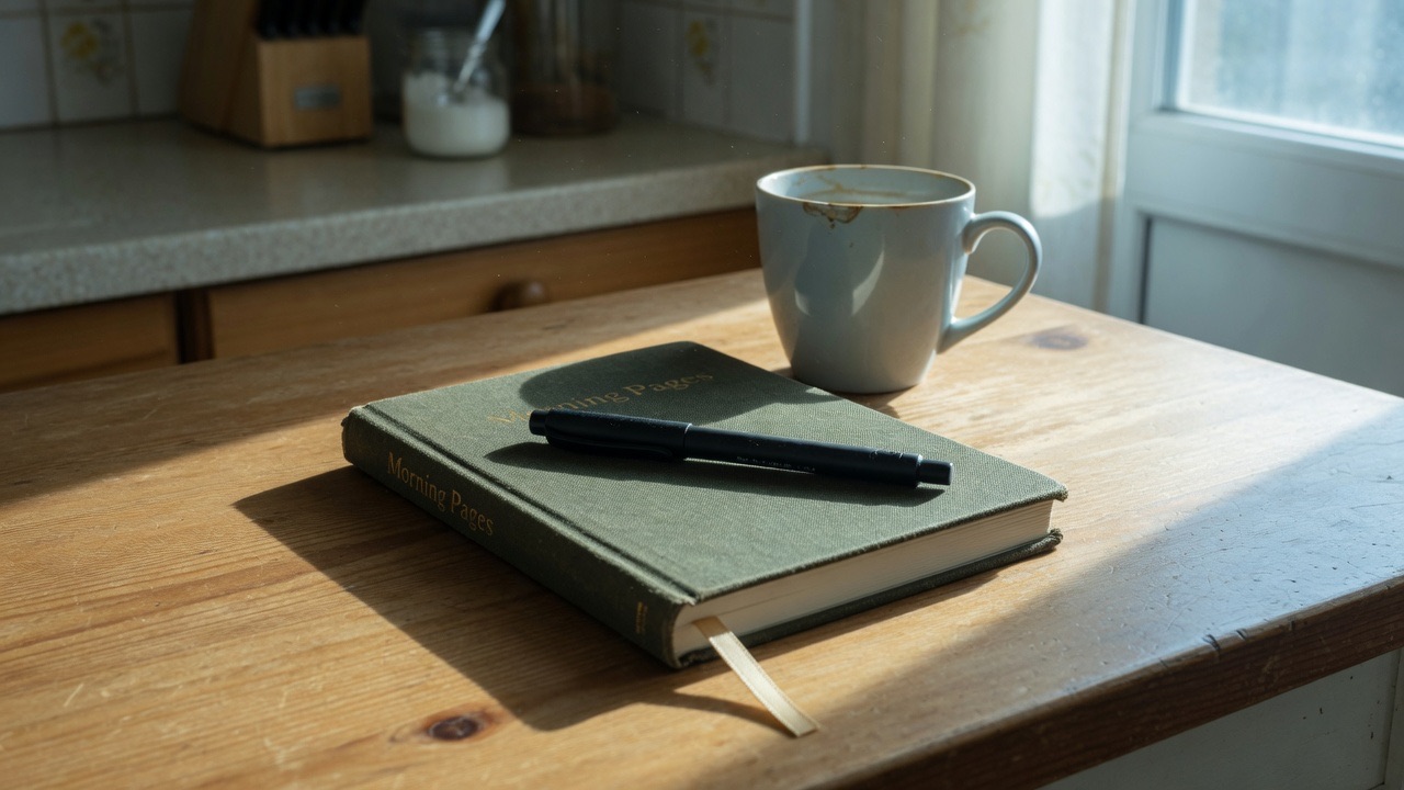 A closed practice journal beside a coffee cup, representing coping skills that need continued use