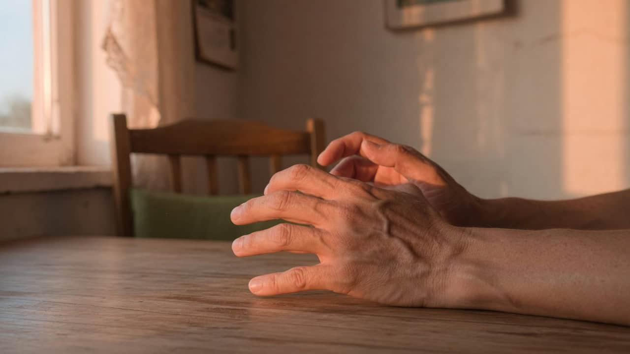 A person clasping their hands at a table, illustrating the body response during difficult recall