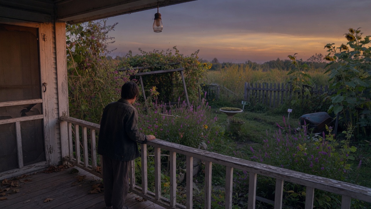 A person returning to a garden threshold at dusk, representing a renewed response to recurring anxiety