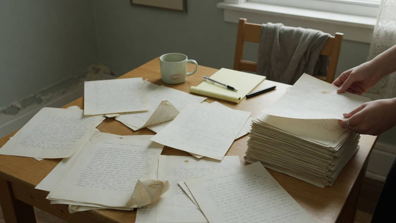 A person organizing pages as a metaphor for retelling memories into a coherent story