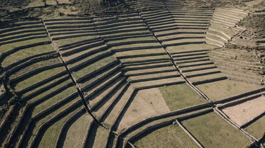 Aerial terraces carved into a hillside, layers of earth visible