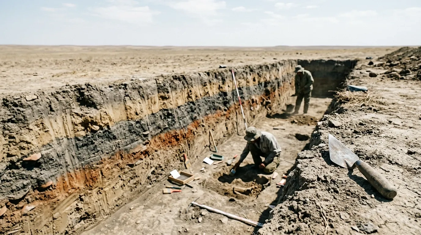 Excavation trench revealing layers of soil