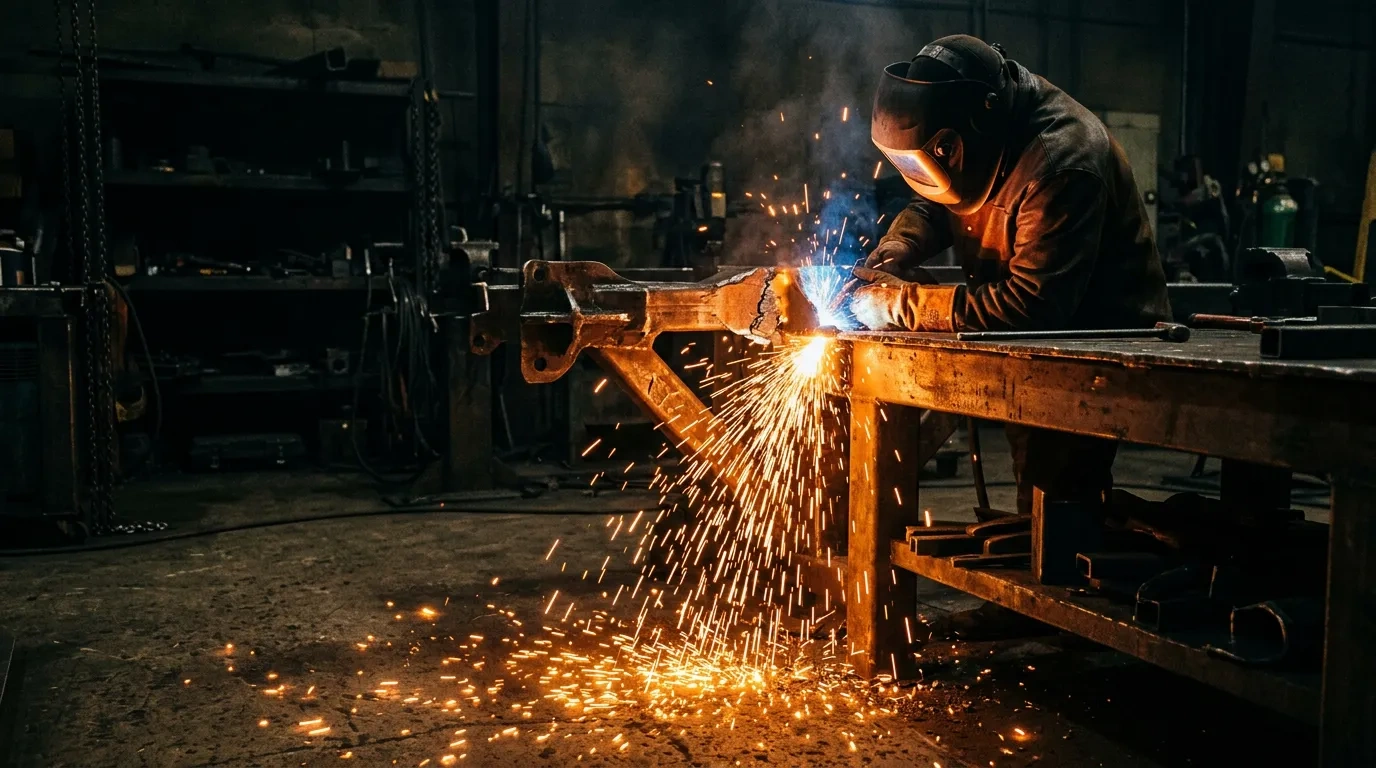 Welding sparks flying in a dark workshop
