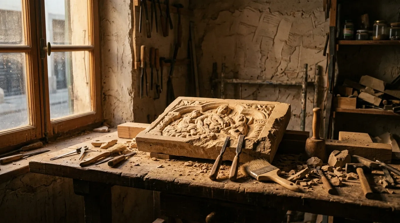 Dusty workshop with tools resting on a bench