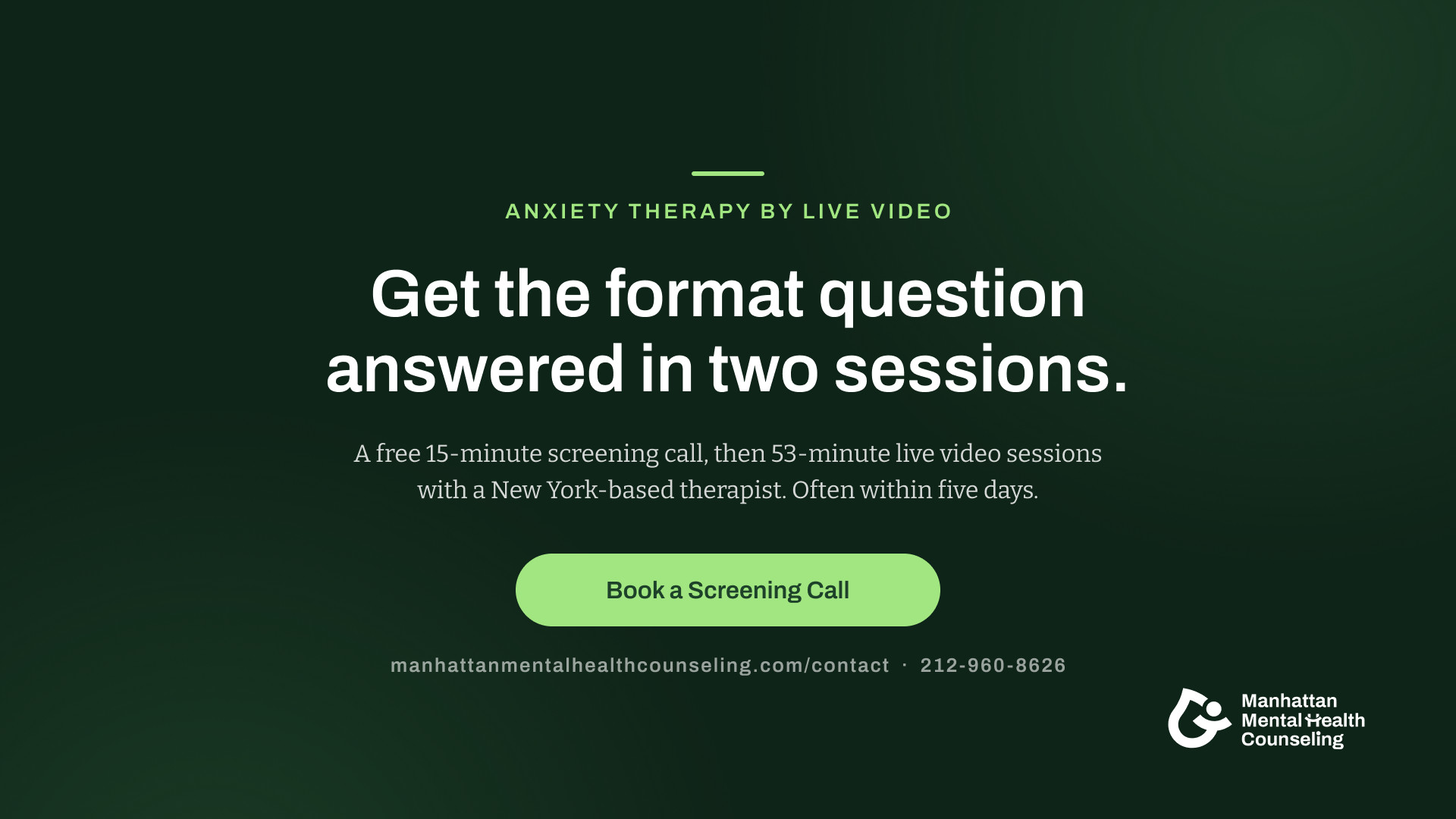 Closing call to action offering to answer the format question in two sessions, with a Book a Screening Call button.