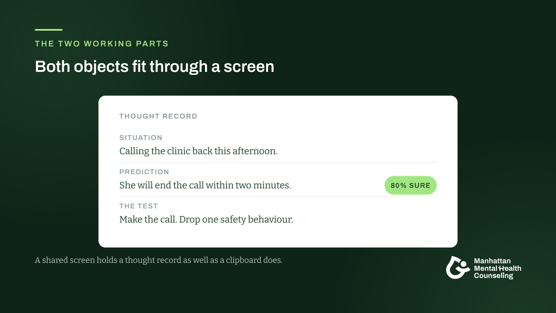 A thought record card showing a situation, a prediction rated eighty percent certain, and the test that follows.