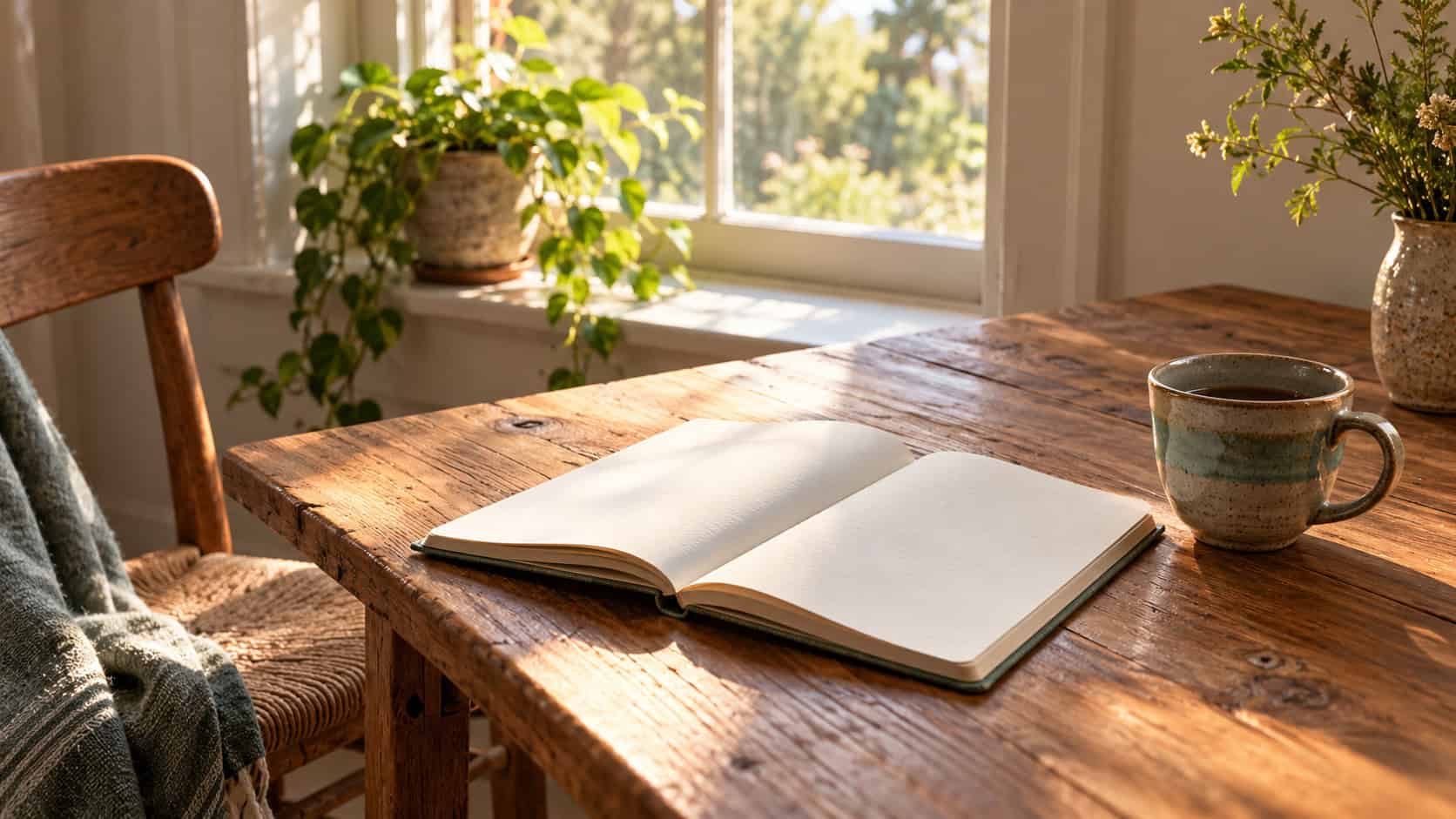 An adult resting a pen beside a closed notebook at a home table.